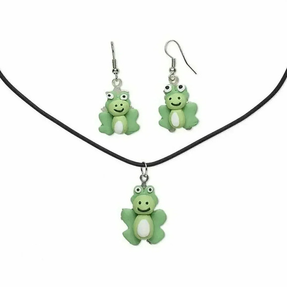 Handmade Little Green Frogs Fimo Polymer Clay Necklace Earrings Set - Picture 1 of 1